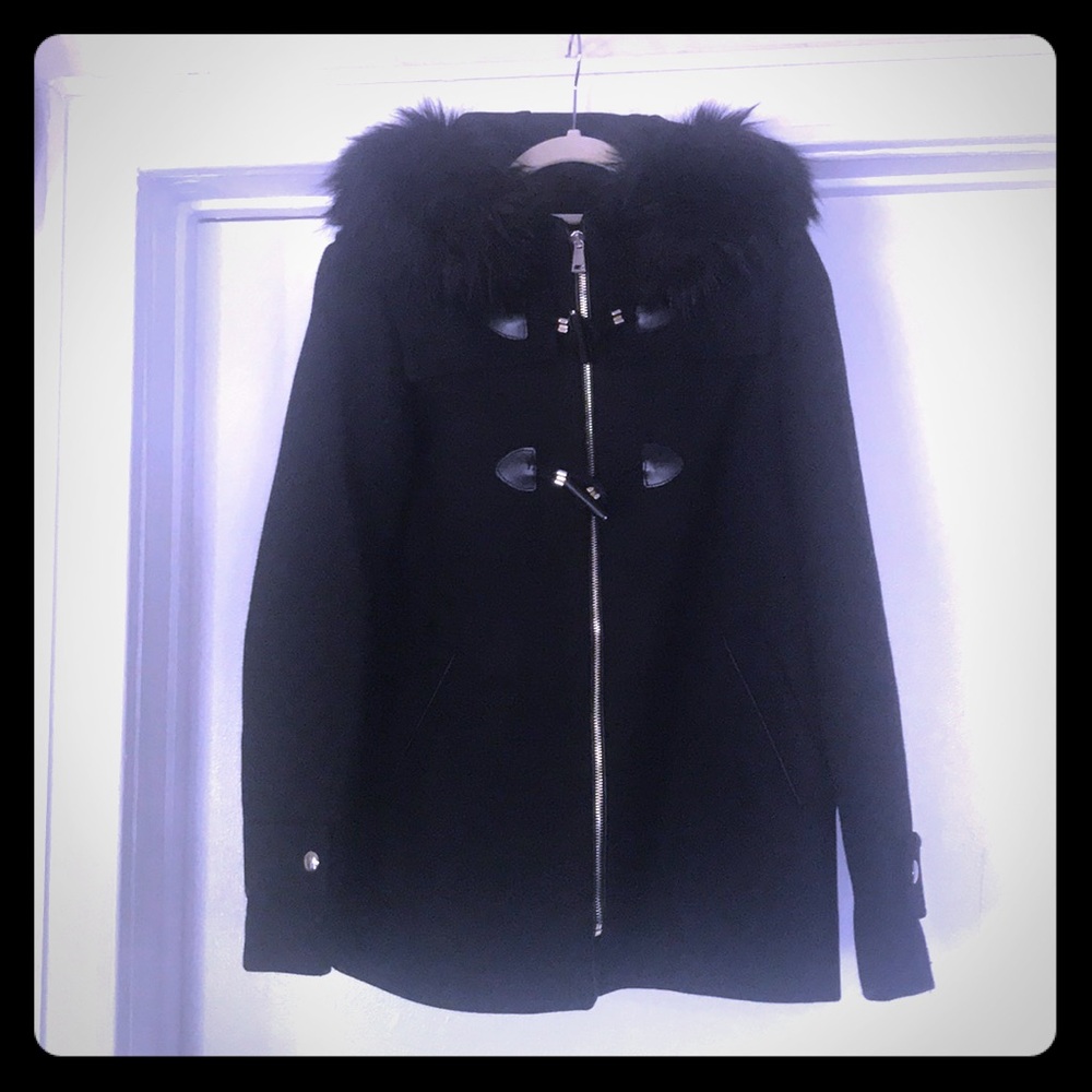 Zara black coat with faux fur trimmed hood